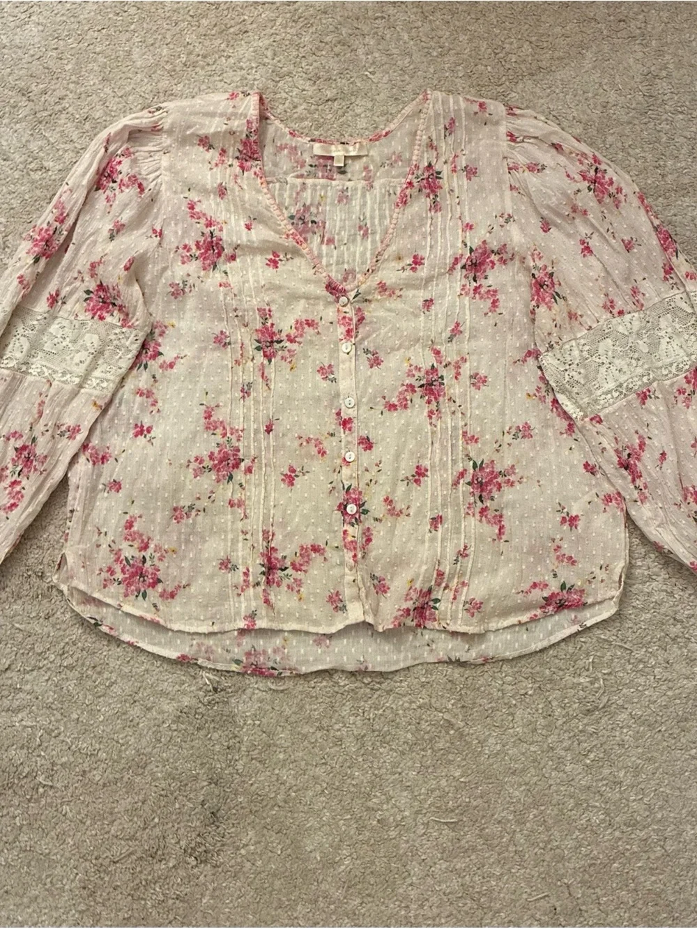 LoveShackFancy Merida Blouse Magenta Light Floral Cotton M